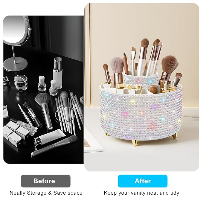 Diesisa Bling Diamond 360° Makeup Brush Holder Organizer, Rotating Makeup Brush - Image 3