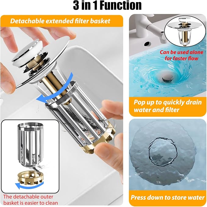 Bathroom Sink Drain Strainer, 3 in 1 Pop Up Bathroom Sink Stopper - Image 5
