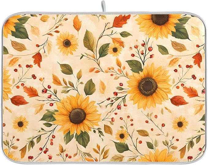 Watercolor Sunflowers Autumn Leaves Dish Drying Mat by BOENLE-WELCOMEYOURCOMING