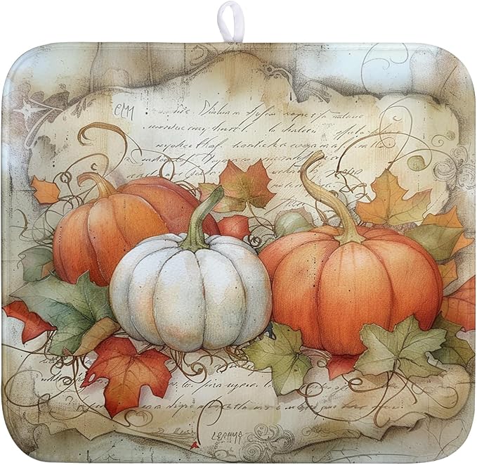 Fall Pumpkin Maple Leaf Dish Drying Mat by Wnoesat