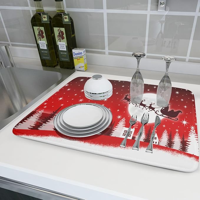 Christmas Reindeer Moon Star Red Dish Drying Mat - Image 6