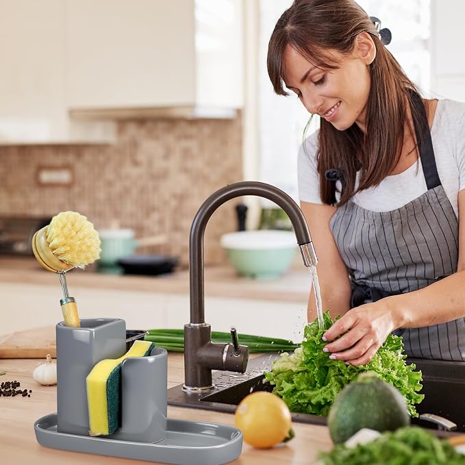 Geelin 3 in 1 Ceramic Kitchen Sink Caddy Dish Sponge Holder Scrub Brush Holder - Image 4