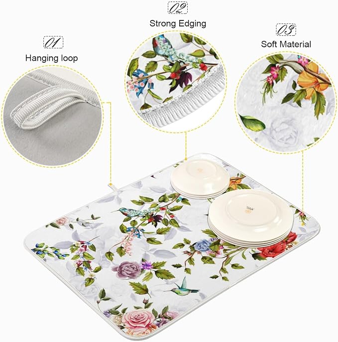 Tarity Rose Peony Poppy Hummingbirds Dish Drying Mat - Image 4