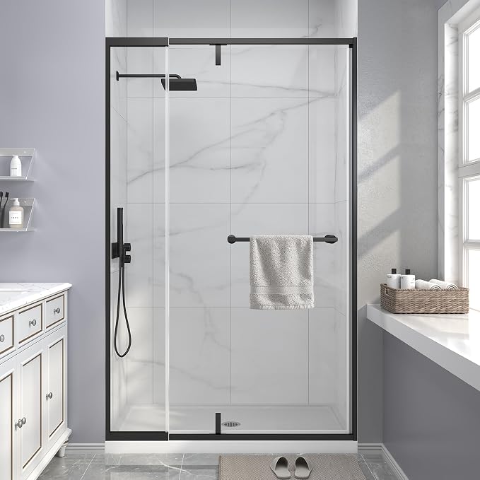 Semi Frameless Pivot Shower Door 36-42" W x 72" H, Swing Shower Glass Doors by EASYWORC