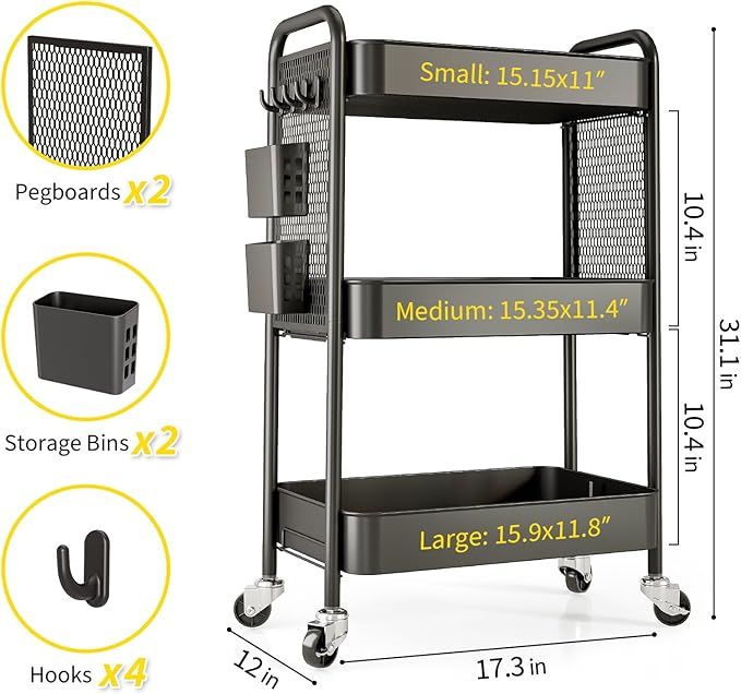 TOOLF 3 Tier Rolling Cart Storage Organizer, Metal Rolling Utility Car - Image 7