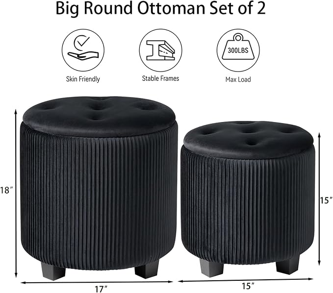 Big Round Ottoman with Storage Set of 2, Upholstered Velvet Vanity Stool - Image 3