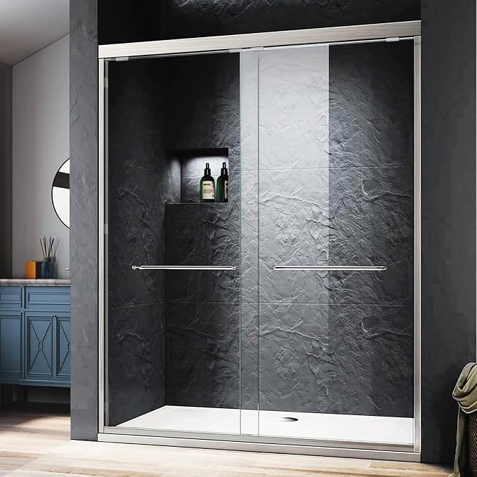 Bathroom Sliding Door 56-60 in. W x 72 in. H, Brushed Nickel Shower Door by Glazenclos