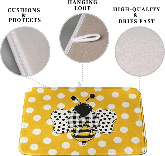 Bee Dish Drying Mat for Kitchen Counter 18x24 Inch Yellow Bumblebee Polka Dots - Image 3