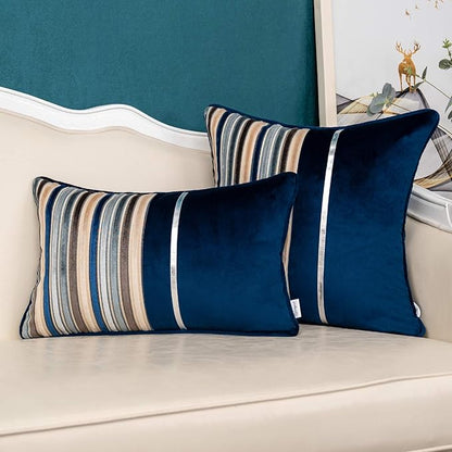Yangest Navy Blue Striped Patchwork Throw Pillow Cover Silver Leather Cushion Cover Zippered Pillowcase for Sofa Couch Bedroom Living Room Home Decoration,18x18 Inch