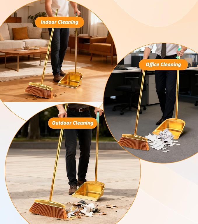 Gold Stainless Steel Broom and Dustpan Set, 2-Piece Long Handle Standing Pan - Image 3