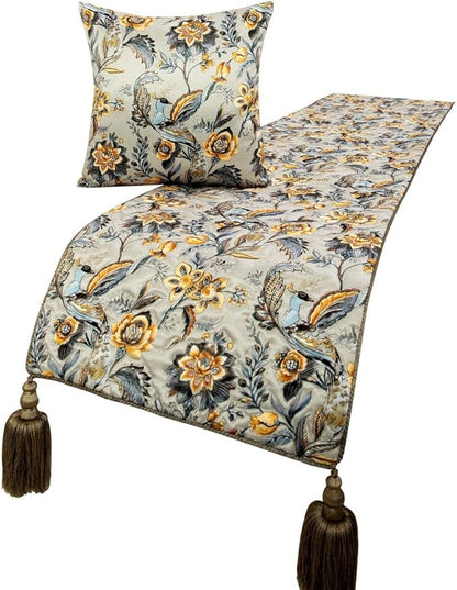 The HomeCentric King/Queen/Twin Grey & Yellow Decorative King 90"x18" Bed Runner with 2 Pillow Cover, Peacock, Quilted & Tassels Bed Scarf on Satin Fabric - Peacock Swag