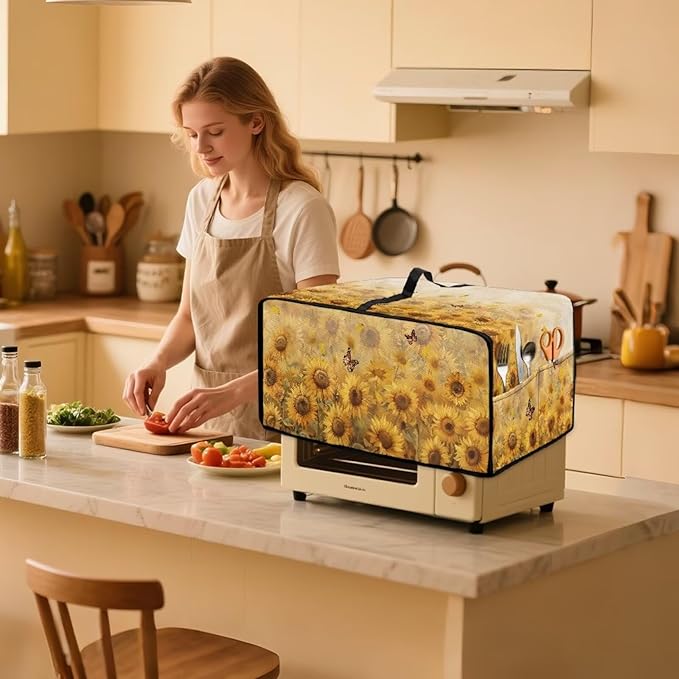 Microwave Oven Cover Dustproof Air Fryer Toaster Oven Protector with Storage Pockets, Stain-resistant Small Appliance Cover for Kitchen Decor, M, Sunflower Butterfly