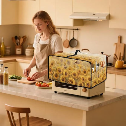 Microwave Oven Cover Dustproof Air Fryer Toaster Oven Protector with Storage Pockets, Stain-resistant Small Appliance Cover for Kitchen Decor, M, Sunflower Butterfly