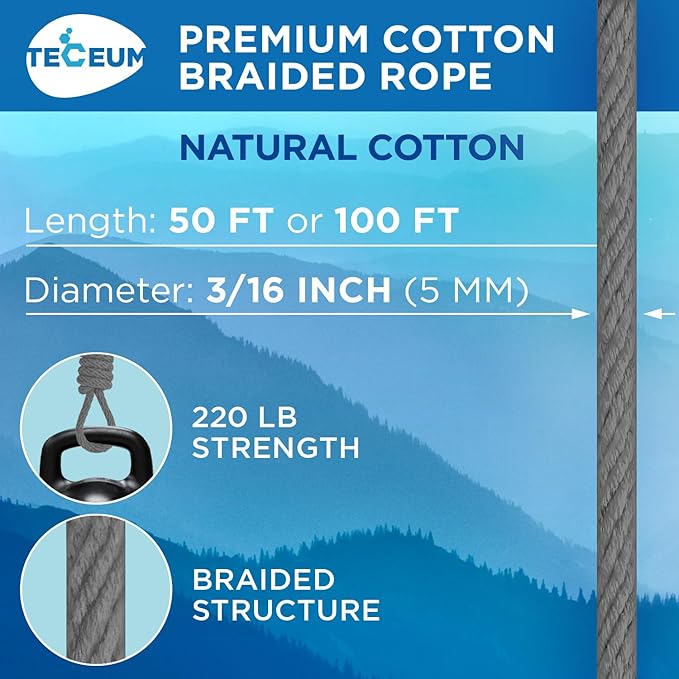 TECEUM Cotton Rope 3/16” – 100 FT – Strong All-Purpose Braided Rope – Natural - Image 2