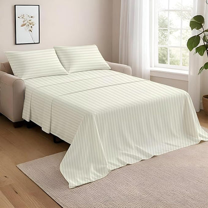 NON Sticky cotton Full Size Sleeper Sofa Sheets, 4 Piece Egyptian Cotton Bed Sheet Set for Sofa Bed, 6" Deep Pocket Fitted Sheet for Pull Out Couch Mattress, 54" x 75", Ivory Stripe, Soft & Breathable