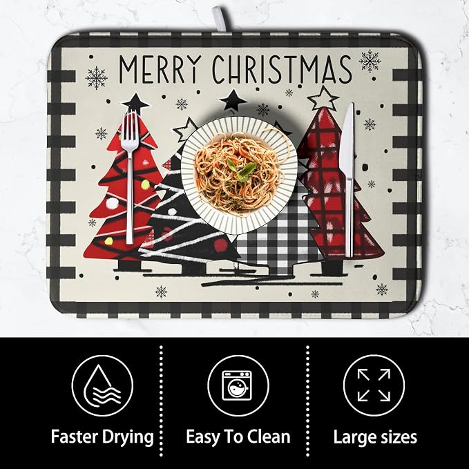 Christmas Trees Kitchen Dish Drying Mat 18x24 Inch Merry Christmas Black White - Image 4