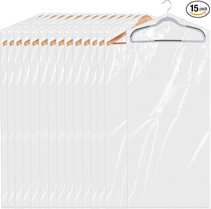 15 Pack Plastic Clear Clothes Covers, Dry Cleaners Bags Hanging Clothing Covers by Yuanwovv