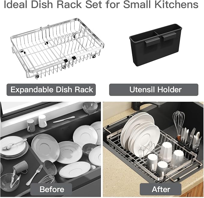 Small Expandable Over The Sink Dish Drainer Drying Rack in Stainless Steel Metal - Image 8
