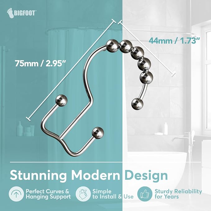 BigFoot Shower Curtain Hooks, Stainless Steel, Rust Resistant, Easy - Image 3