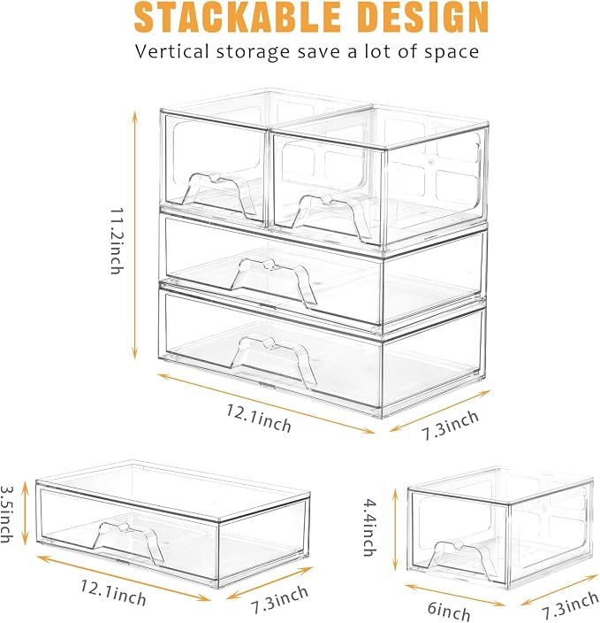 4 Pack Stackable Storage Drawers Clear Acrylic Organizer Bathroom Makeup - Image 2