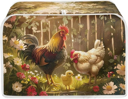 Chicken Rooster Flower Toaster Cover 4 Slice Wide Slot, Washable Kitchen Appliance Cover Dust Resistant Protector for Home, Toaster Protector Kitchen Accessories