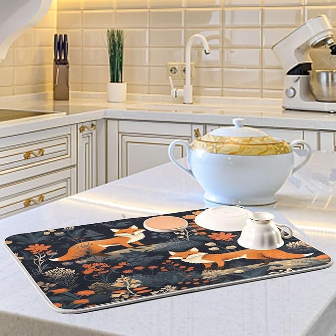 Dish Drying Mat Kitchen Counter Absorbent Two Foxes Coffee Sink Mat Dish - Image 6