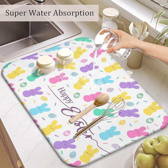 Happy Easter Dish Drying Mat for Kitchen Counter, Cute Bunny Microfiber Drying - Image 5