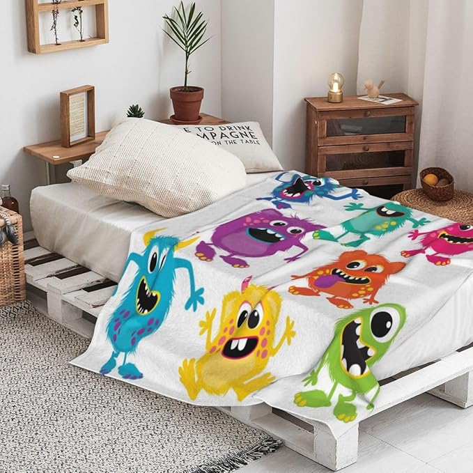 LOKMU Throw Blanket, Kids Cute Cartoon Fluffy Monsters Ultra-Soft Cozy Flannel Blankets, Fuzzy Plush Lightweight Modern Blanket for Couch Sofa Bedding Home Decor, 60" L x 50" W