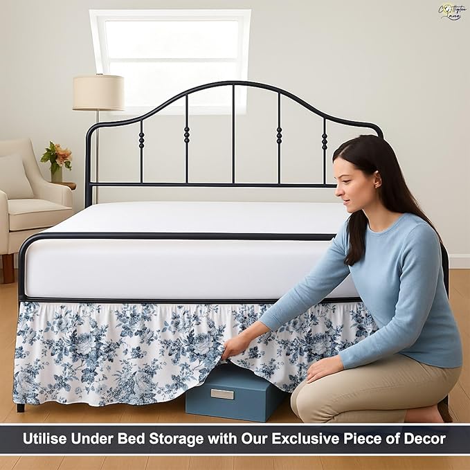 Cottington Lane Ruffled Bed Skirt King Size with Split Corner, Brushed Microfiber Hotel Quality Dust Ruffle, 24 Inch Drop Gathered Bedskirt, Soft, Stylish, Shrink & Fade Resistant, Blue Floral Bliss