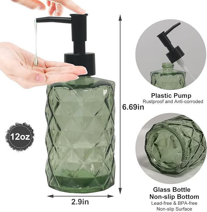 Green Glass Soap Dispenser, 12oz Bathroom Hand Dispenser, Lotion Dispenser - Image 2