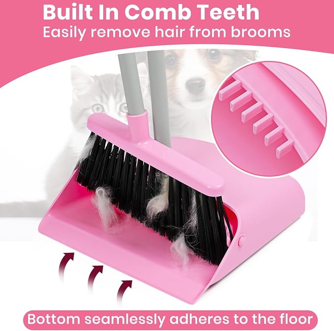 Pink Broom and Dustpan Set, 58” Long Adjustable Handle Small Broom - Image 2