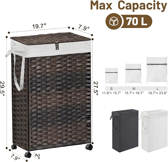 70L Slim Laundry Hamper with Lid & Wheels, 2-Park Rolling Laundry Basket with 4 - Image 4