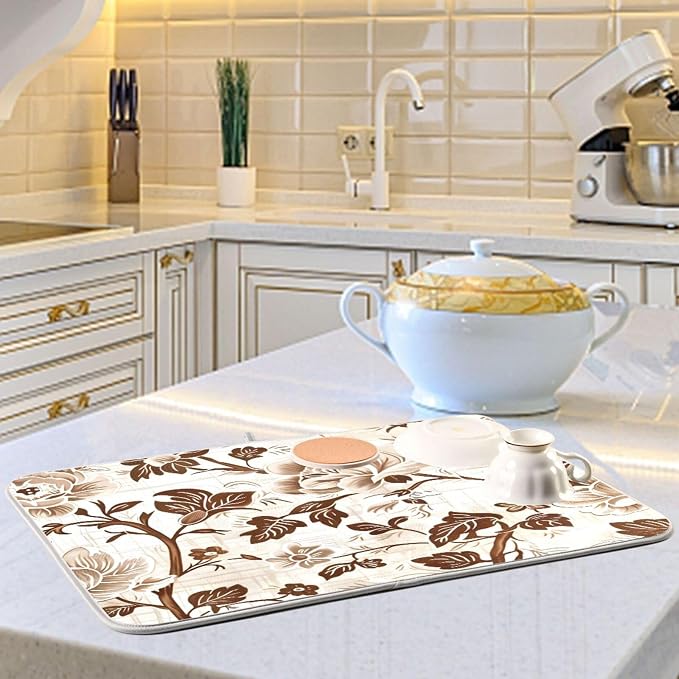Brown Beige Floral Leaves Dish Drying Mat - Image 6