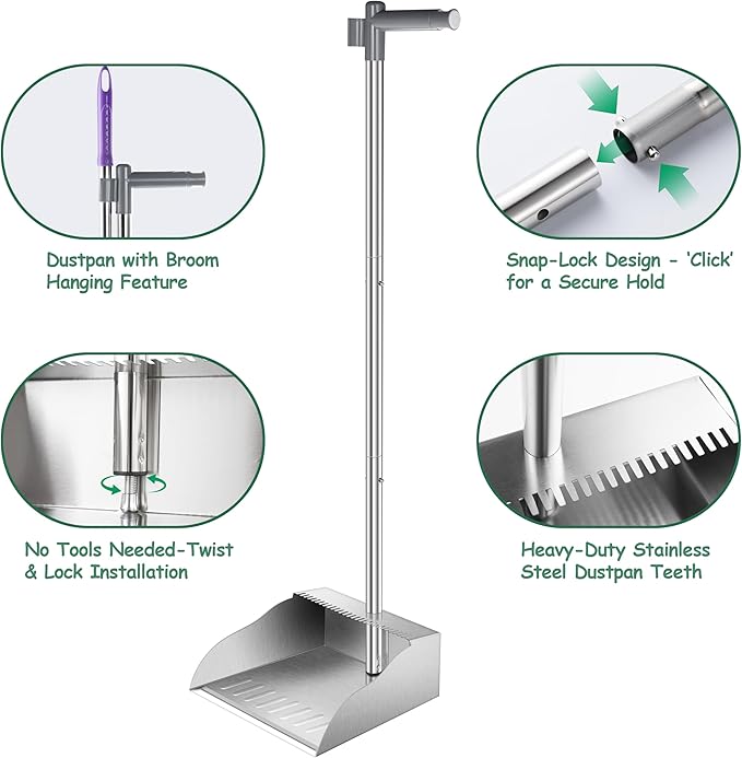 Dust Pans with Long Handle, Heavy Duty Metal Dust Pan with Handle, Upright - Image 3