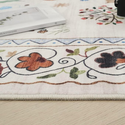 Rugcomf Area Rugs 8x10 Rug for Living Room Clearance Washable Boho Area Rug Non Slip Floral Animal Cat Vintage Low Pile Large Rug for Living Room Bedroom Farmhouse Dining Room Kids Playroom, Beige