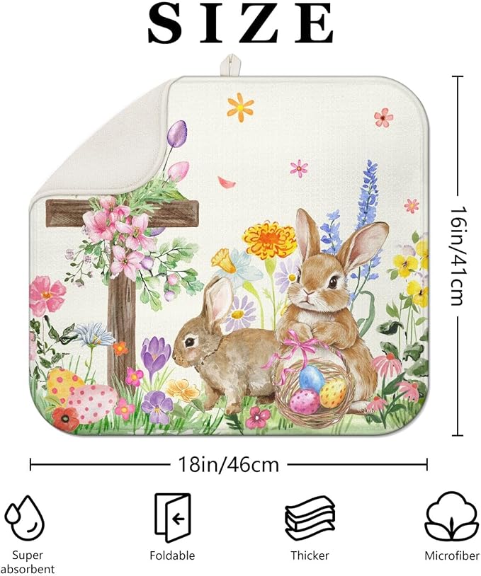 Easter Dish Drying Mat for Kitchen Counter, Cute Bunny Spring Florals - Image 2