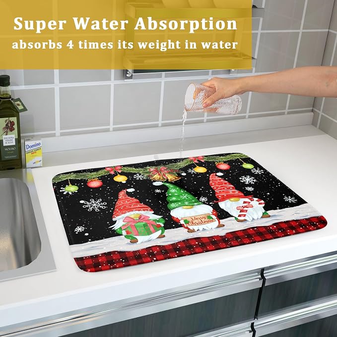 Merry Christmas Dish Drying Mat Black Gnomes Dish Drainer Mats 18x24 Inch - Image 7