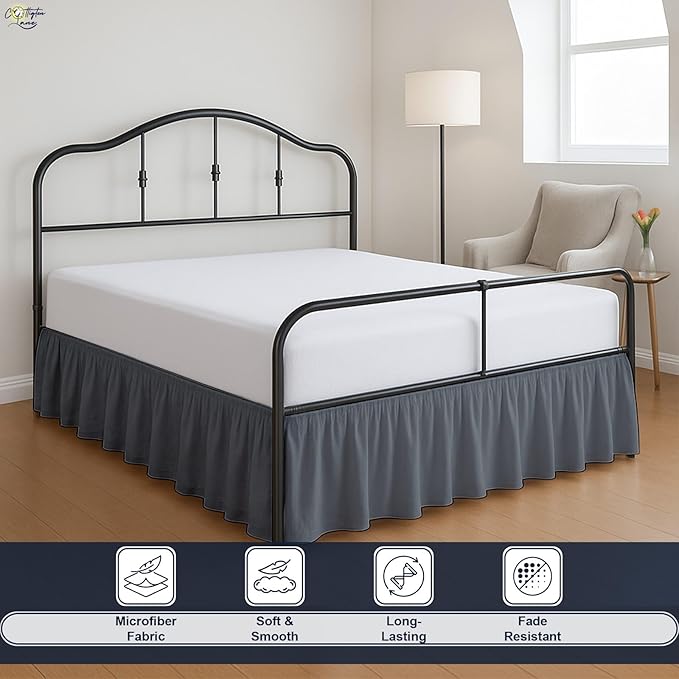 Cottington Lane Ruffled Bed Skirt Twin Size with Split Corner, Brushed Microfiber Hotel Quality Dark Grey Dust Ruffle, 21 Inch Drop Gathered Bedskirt, Soft and Stylish, Shrinkage and Fade Resistant