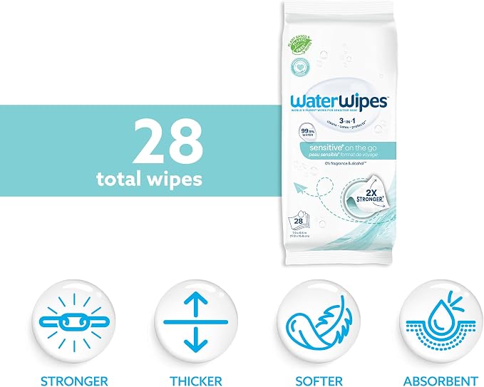 WaterWipes Sensitive+ On The Go Wipes, 3-In-1 Cleans, 99.9% Water, Unscented & - Image 2