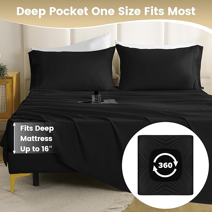 Twin XL Sheet Set - 3 Piece Silky Soft Breathable Bed Sheet & Pillowcase Set, 16" Deep Pocket Hotel Luxury Wrinkle Free Easy Care Bedding Sheets, Black