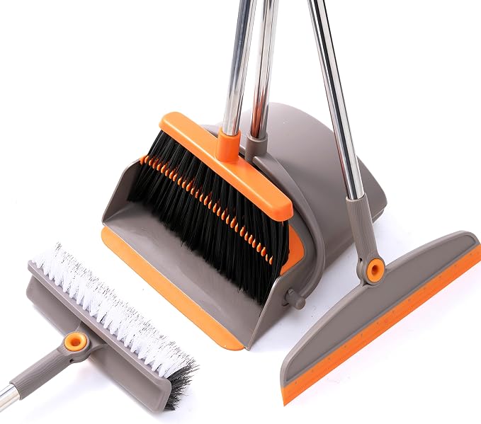 Multifunction 3-in-1 Broom and Dustpan, Silicone broom Squeegee and Scrub Brush by Duitwell