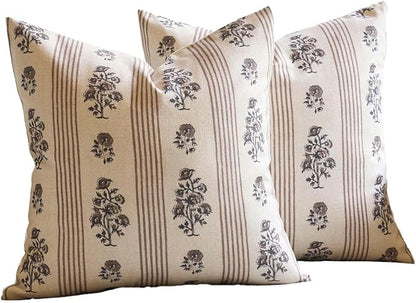 Amor Virisso Floral Throw Pillow Covers 18x18 Set of 2 Block Print Pillow Covers Neutral Floral Striped Farmhouse Decorative Pillow Covers for Sofa Couch Bed, Brown