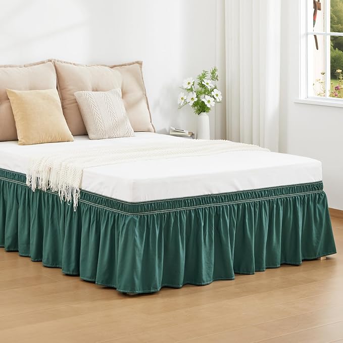 RIMELA Emerald Green Bed Skirt King Size 18 Inch Drop, Wrap Around Elastic Bedskirt, Dust Ruffle for Adjustable Bed Base Machine Washable Easy to Install Bed Skirts