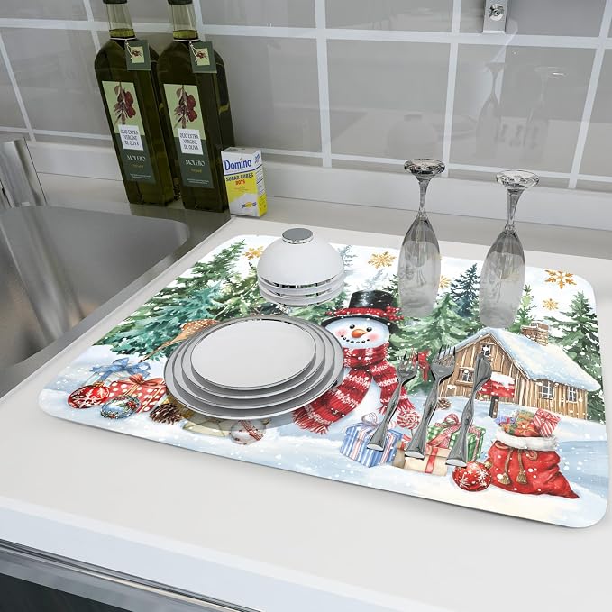 Christmas Kitchen Drying Mat 18 x 24 Inch Xmas Snowman Drying Pad Snowflake and - Image 6