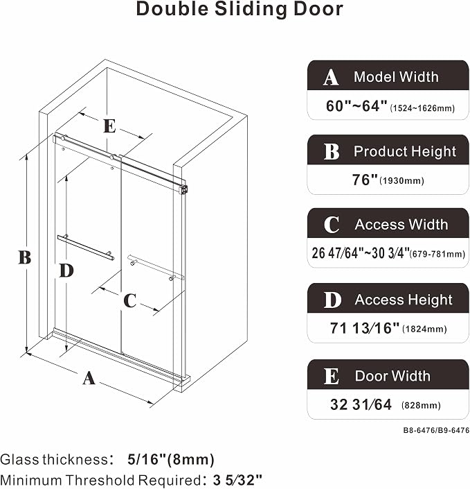 Frameless Sliding Shower Door, 60-64" W x 76" H Glass Shower Door - Image 7