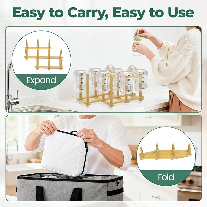 EsLuker.ly Baby Bottle Drying Rack Bamboo Vertical Dryer Holder, Foldable Space - Image 5