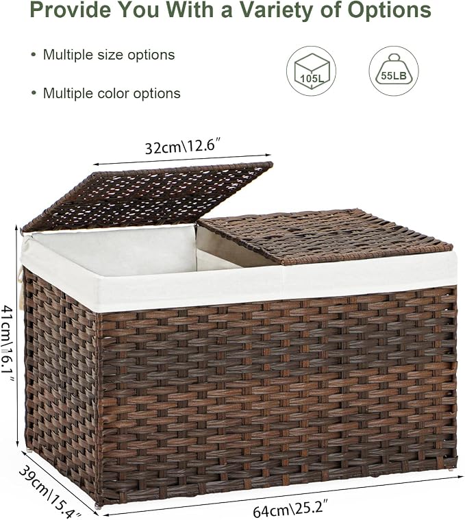 Storage Basket with Lid Rattan Storage Basket with 2 Separate Lid, 27.8 Gallon - Image 4