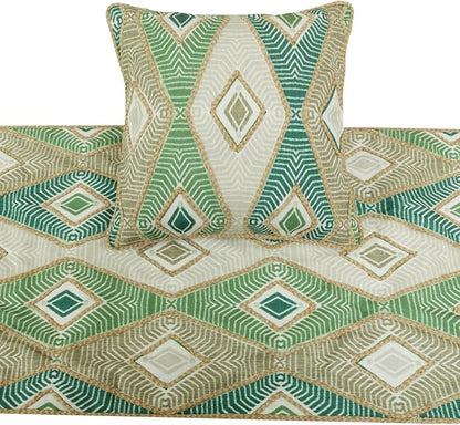 The HomeCentric King/Queen/Twin Green Designer CA King 86"x18" Bed Runner with 2 Pillow Cover, Aztec, Jute Embroidery, Quilted, Tassels, Jute, Moroccan & Tribal Bed Scarf Cotton Fabric - Chantico