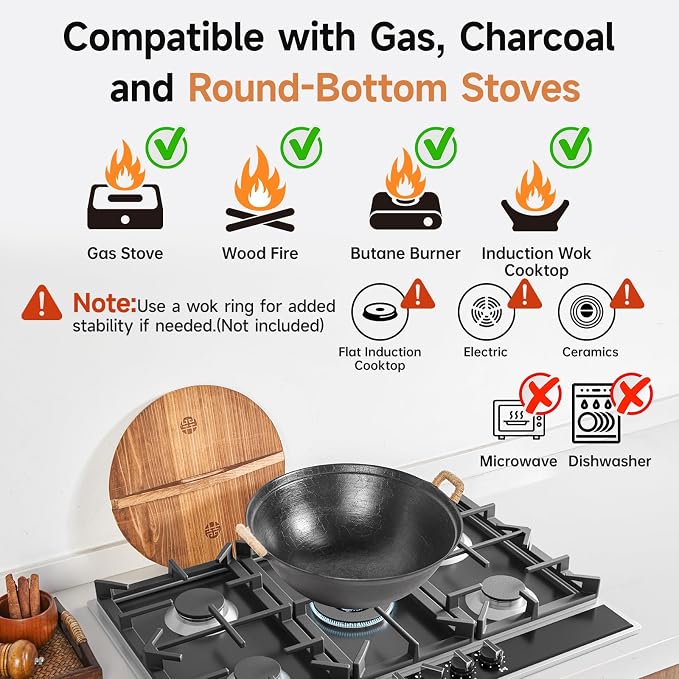 WANGYUANJI 11.8" Round Bottom Cast Iron Wok - Image 5