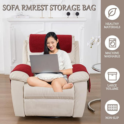 Armrest Cover, Recliner Chair Protector, Furniture Protector Slip, Side Storage Pocket, Stretch Armchair Couch Arm Rest Cover for Recliner, Chair, Sofa (Wine Red,3 Seater(5pcs))